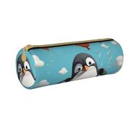 ANABPRMA Cute Penguin with Balloon Leather Pencil Pouch Cylindrical Pen Case for School Office Supplies with Zipper Closure Portable Bag