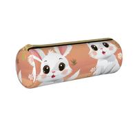 ANABPRMA Cute White Bunnies Leather Pencil Pouch Cylindrical Pen Case for School Office Supplies with Zipper Closure Portable Bag