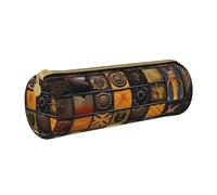 ANABPRMA Denim Patchwork Leather Pencil Pouch Cylindrical Pen Case for School Office Supplies with Zipper Closure Portable Bag