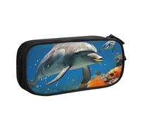 ANABPRMA Dolphins Blue Pencil Case, Large Capacity Double Layer Student Pen Pouch with 2 Zipped Main Pockets, Multi-Functional Organiser for School, Office, Travelling