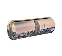 ANABPRMA Empire State Building Leather Pencil Pouch Cylindrical Pen Case for School Office Supplies with Zipper Closure Portable Bag
