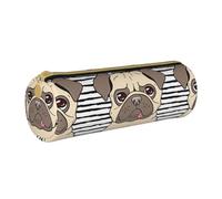 ANABPRMA Funny Happy Pug Dog Leather Pencil Pouch Cylindrical Pen Case for School Office Supplies with Zipper Closure Portable Bag