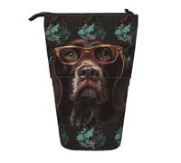 ANABPRMA German Shorthaired Pointer in Glasses Telescopic Standing Pencil Case Adjustable Pen Pouch with Zipper Oxford Organizer for School Office