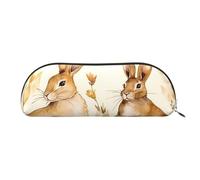ANABPRMA Hand Drawn Rabbit Leather Pencil Bag, Leather Half-Circle Storage Pouch - for Makeup, Pens, and Essentials