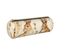 ANABPRMA Hand Drawn Rabbit Leather Pencil Pouch Cylindrical Pen Case for School Office Supplies with Zipper Closure Portable Bag