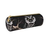 ANABPRMA Late Night Owl Leather Pencil Pouch Cylindrical Pen Case for School Office Supplies with Zipper Closure Portable Bag