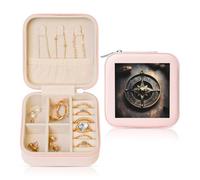 ANABPRMA Magical Design Norse Runes Compass Square Travel Jewelry Box For Women Small Leather Jewelry Organizer With Zipper Mirror Portable Case