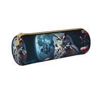 ANABPRMA Owl Among Flowers at Night Leather Pencil Pouch Cylindrical Pen Case for School Office Supplies with Zipper Closure Portable Bag
