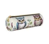 ANABPRMA Owls Birds Leather Pencil Pouch Cylindrical Pen Case for School Office Supplies with Zipper Closure Portable Bag