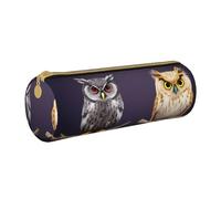 ANABPRMA Owls Birds Leather Pencil Pouch Cylindrical Pen Case for School Office Supplies with Zipper Closure Portable Bag