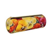 ANABPRMA Pansy Perfection Leather Pencil Pouch Cylindrical Pen Case for School Office Supplies with Zipper Closure Portable Bag
