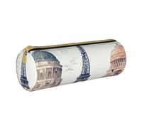 ANABPRMA Paris Landmarks Pattern Leather Pencil Pouch Cylindrical Pen Case for School Office Supplies with Zipper Closure Portable Bag
