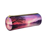 ANABPRMA Purple Sunset on Water Leather Pencil Pouch Cylindrical Pen Case for School Office Supplies with Zipper Closure Portable Bag