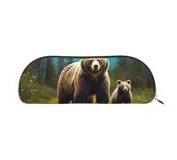 ANABPRMA River Bear Mom Leather Pencil Bag, Leather Half-Circle Storage Pouch - for Makeup, Pens, and Essentials
