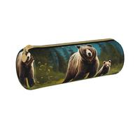 ANABPRMA River Bear Mom Leather Pencil Pouch Cylindrical Pen Case for School Office Supplies with Zipper Closure Portable Bag