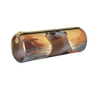 ANABPRMA Sea Otters Painting Leather Pencil Pouch Cylindrical Pen Case for School Office Supplies with Zipper Closure Portable Bag
