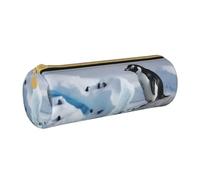 ANABPRMA Snow Mountain Penguin Leather Pencil Pouch Cylindrical Pen Case for School Office Supplies with Zipper Closure Portable Bag