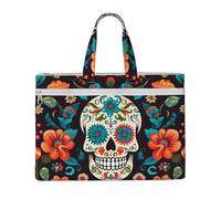 ANABPRMA Sugar Skulls and Flowers Canvas File Bag with Zipper, Document Organizer Tote, Double Layer Portable File Pouch for Office Travel