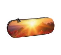 ANABPRMA Sunrise Red Flowers Hard Shell Leather Pencil Case, Multi-Use Zipper Box for Stationery, Makeup or Small Accessories