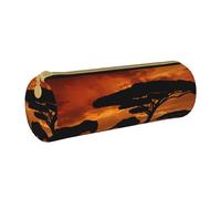 ANABPRMA Sunset African Savanna Leather Pencil Pouch Cylindrical Pen Case for School Office Supplies with Zipper Closure Portable Bag