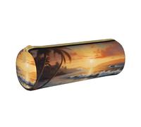 ANABPRMA Sunset Hawaiian Palm Tree Leather Pencil Pouch Cylindrical Pen Case for School Office Supplies with Zipper Closure Portable Bag