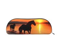 ANABPRMA Sunsets Lake Horses Leather Pencil Bag, Leather Half-Circle Storage Pouch - for Makeup, Pens, and Essentials