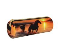 ANABPRMA Sunsets Lake Horses Leather Pencil Pouch Cylindrical Pen Case for School Office Supplies with Zipper Closure Portable Bag