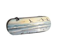 ANABPRMA The Beach with Sea Birds Hard Shell Leather Pencil Case, Multi-Use Zipper Box for Stationery, Makeup or Small Accessories