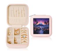 ANABPRMA The Old Hollywood Square Travel Jewelry Box For Women Small Leather Jewelry Organizer With Zipper Mirror Portable Case