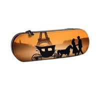 ANABPRMA Valentine Paris Eiffel Tower Romantic Couple Carriage Sunset Silhouette Hard Shell Leather Pencil Case, Multi-Use Zipper Box for Stationery, Makeup or Small Accessories
