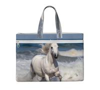 ANABPRMA White horse running on the sea Canvas File Bag with Zipper, Document Organizer Tote, Double Layer Portable File Pouch for Office Travel