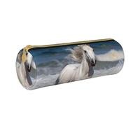 ANABPRMA White Horse Running on The sea Leather Pencil Pouch Cylindrical Pen Case for School Office Supplies with Zipper Closure Portable Bag