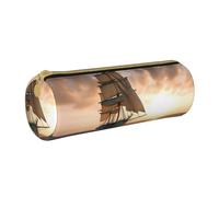 ANABPRMA White Sailing Ship at Sunset Leather Pencil Pouch Cylindrical Pen Case for School Office Supplies with Zipper Closure Portable Bag