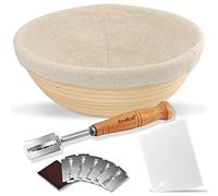 Anaeat 23 cm / 9 inch Bread Banneton Proofing Basket Set - 100% Natural Rattan Round Sourdough Proofing Basket with Bread Lame, Dough Scraper and Linen Liner Cloth for Professional & Home Bakers