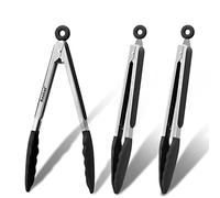 Anaeat 3 Pack 7" Mini Non-Stick Silicone Locking Tongs - Stainless Steel Kitchen Food Tong with Non-Slip Silicone Tips and Grip for Cooking, Baking and BBQ - Heat Resistant up to 480°F (Black)