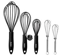 Anaeat Kitchen Whisk Set of 5, Perfect for Non-Stick Cookware, Egg Beater Milk Blender for Whisking, Cooking, Baking - 5"+7" Mini Wire Whisk and 8.5''+10.5''+12'' Silicone Balloon Whisks (Black)