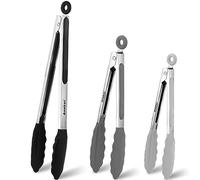 Anaeat Non-Stick Silicone Locking Tong Set of 3 - Stainless Steel 7, 9 and 12 inch Kitchen Food Tongs with Non-Slip Silicone Tips and Grip for Cooking, Baking and BBQ - Heavy Duty & Heat Resistant