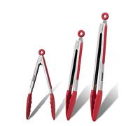 Anaeat Non-Stick Silicone Locking Tong Set of 3 - Stainless Steel 7", 9" and 12" Kitchen Food Tongs with Non-Slip Silicone Tips and Grip for Cooking, Baking and BBQ - Heat Resistant up to 480°F (Red)