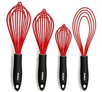 Anaeat Silicone Kitchen Whisk Set of 4, Perfect for Non-Stick Cookware, Milk and Egg Beater Blender for Whisking, Cooking, Baking, Beating - 11'' Flat Whisk and 9''+11''+12'' Balloon Whisks (Red)