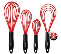 Anaeat Silicone Kitchen Whisk Set of 4, Perfect for Non-Stick Cookware, Milk and Egg Beater Blender for Whisking, Cooking, Baking, Beating - 11'' Flat Whisk and 8.5''+10.5''+12'' Balloon Whisks (Red)