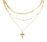 ANAHAT 18K Gold Cross Necklaces for Women Stainless Steel Paperclip and Shell Beads Chain Necklace Charm Jewelry Gift for Lover Family Friends, 15.7 Inches, Gold Plated, No Gemstone