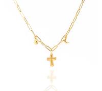 ANAHAT 18K Gold Cross Necklaces for Women Stainless Steel Paperclip and Shell Beads Chain Necklace Charm Jewelry Gift for Lover Family Friends, 15.7 Inches, Gold Plated, No Gemstone