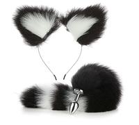 Anal Butt Plug Cute Plush Animal Tail Anal Plug Cat Ears Headbands Set Cosplay Sex Toys Cat Halloween Party(Black White)