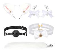 Anal Plug Plush Tail Nipple Clamps Sex Toys Stainless Steel Anal Butt Plug with Faux Fox Tail and Ear-Anal Stopper Tail Handcuffs Sex Toy Cosplay Party Erotic Toy Set 5Pcs
