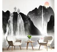 ANALTIRCE 3D Effect Photo Wallpaper Mountains Boats 300×210cm Mural Panoramic Wall Tapestry,Large Chinese Ink Painting Photo Mural Bedroom Eco-Friendly Wallpaper Decoration