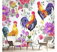 ANALTIRCE 3D Effect Photo Wallpaper Rooster Flowers 150×105cm Mural Panoramic Wall Tapestry,Large Countryside Flowers Photo Mural Bedroom Eco-Friendly Wallpaper Decoration