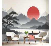 ANALTIRCE 3D Effect Simplicity Lake Sun Mural Wallpaper for Living Room Bedroom Decor, Chinese Style Mountains Wall Art, Non-Woven Photo Wallpaper Wall Mural for Kitchen Hallway, 400×280cm