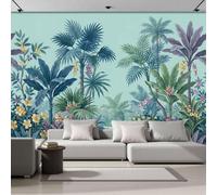ANALTIRCE 3D Panoramic Wallpaper Retro Jungle Mural, 400 x 280 cm Non-Woven Wallpaper Streams Palm Trees Wall Art Decoration,Blue-Green Mural Poster for Bedroom Living Room