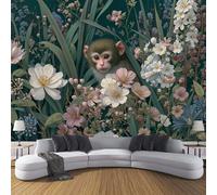 ANALTIRCE 3D Photo Wallpaper Mural Monkeys Flowers Non-Woven Art Print Murals, Indoor Watercolor Plants Poster Picture Design for Living Room Tv Backdrop Kids Room Decor Green