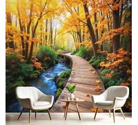 ANALTIRCE 3D Wall Mural Autumn Forest River Print Photo Wallpaper, Luxury Yellow Non-Woven Wall Mural Decoration Poster Wooden Bridge Leaves Picture, 200×150cm Murals for Living Room Kids Bedroom